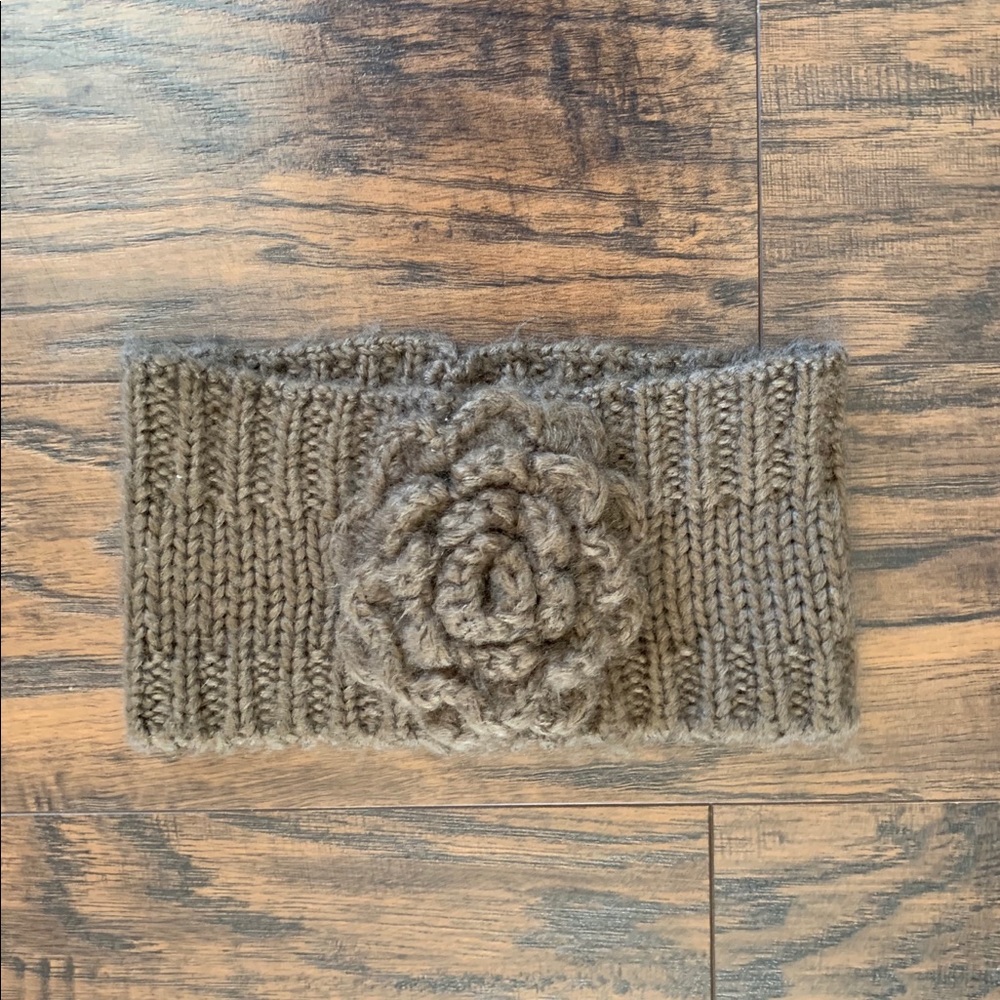 Fuzzy brown knit head band with Knit flower